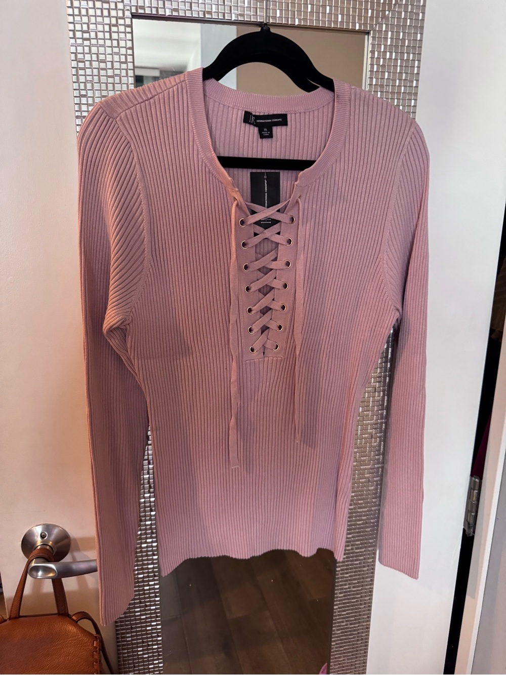 INC International Concepts Mauve Ribbed Lace-Up Long Sleeve Top